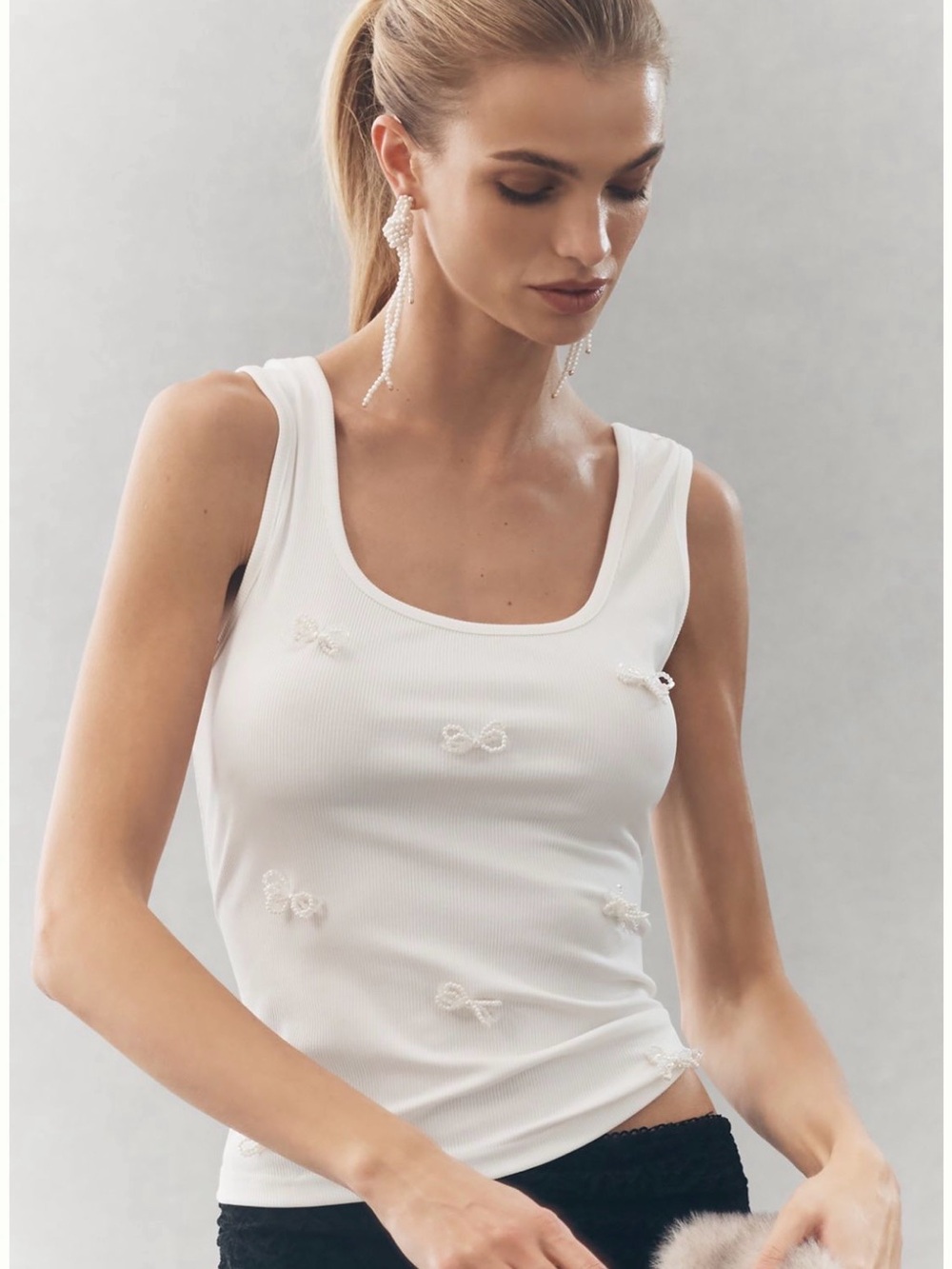 Anthropologie Ivory Crystal-Embellished Scoop Tank